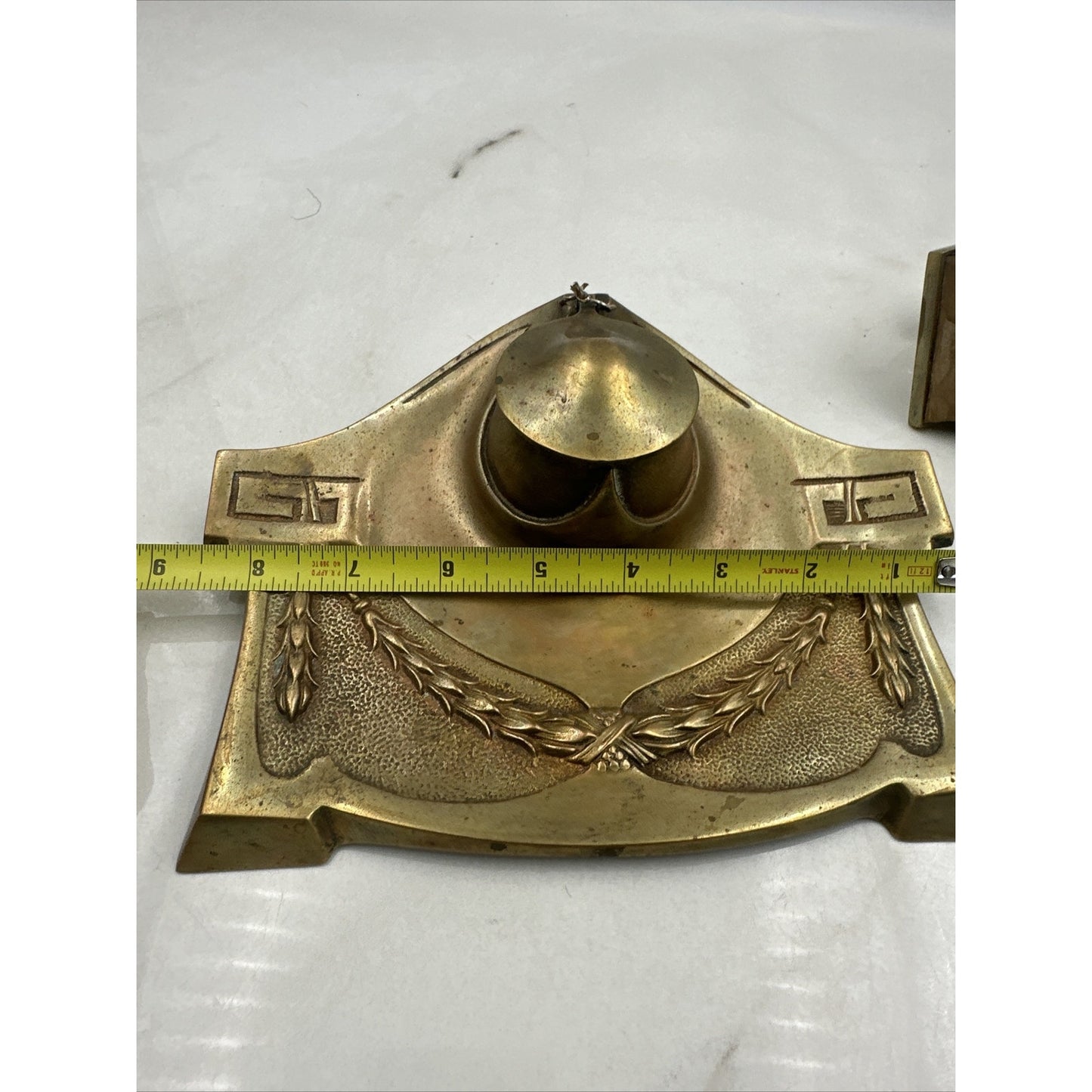 Antique Brass Double Inkwell and Stamp Stamper Art Nouveau Wheat Office Desk