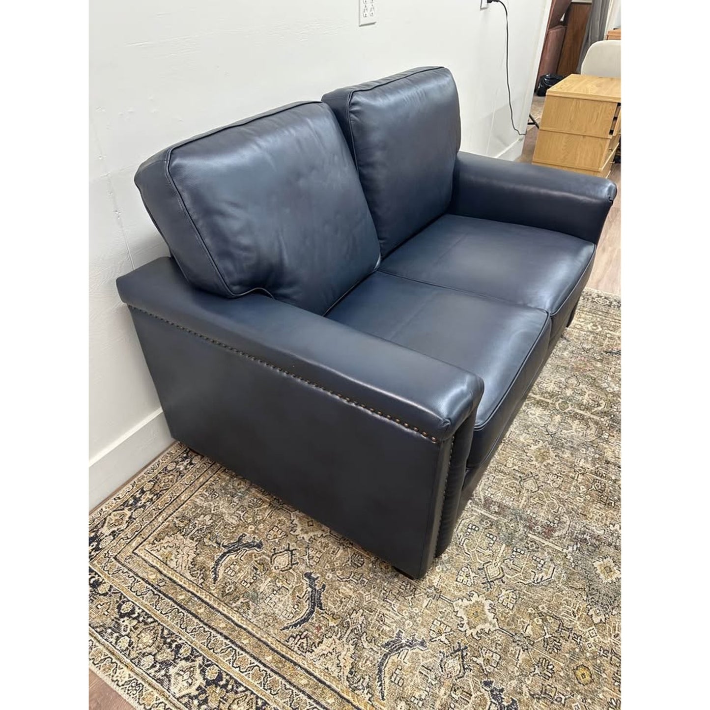 Lola 56" Wide Leather Sofa Navy Nail Head Couch