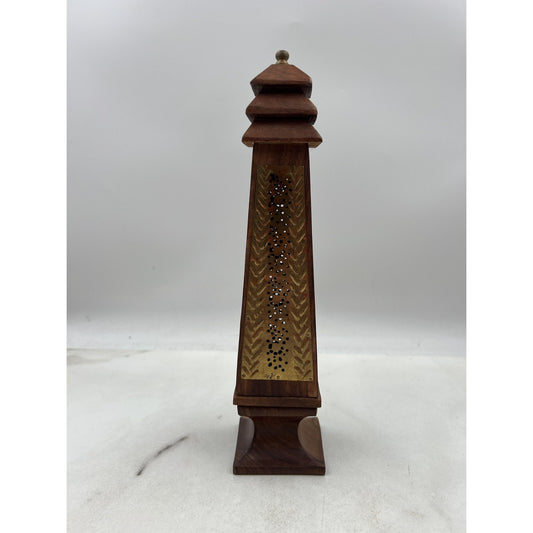 Handcarved Wood Tower Incense Burner Pagoda Brass Panel Cone Holder Decor