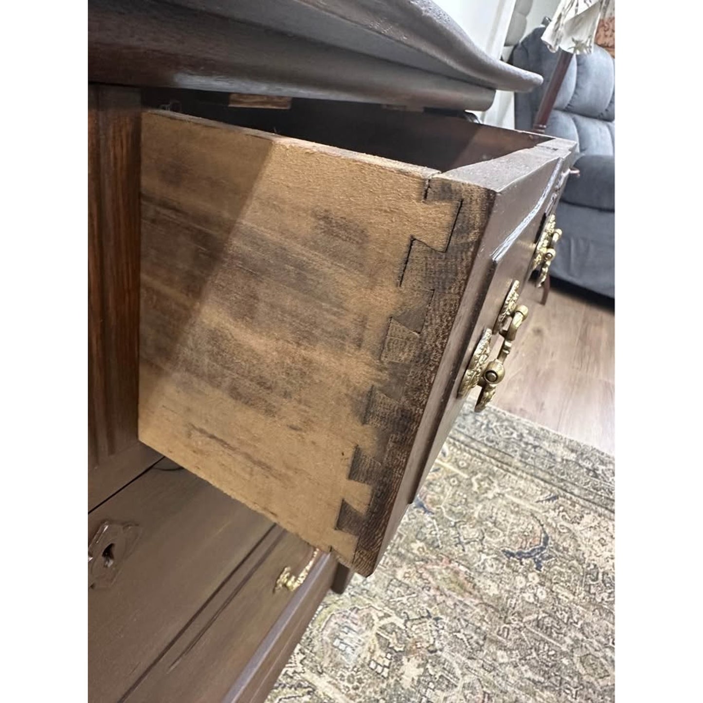 Antique Tiger Oak Dresser or Chest Entry Dark Finish Brass Accents