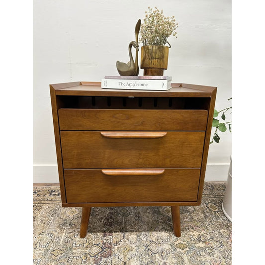 Florrie 3 Drawer Nightstand Walnut Finish Wood MCM Style Built in Outlet