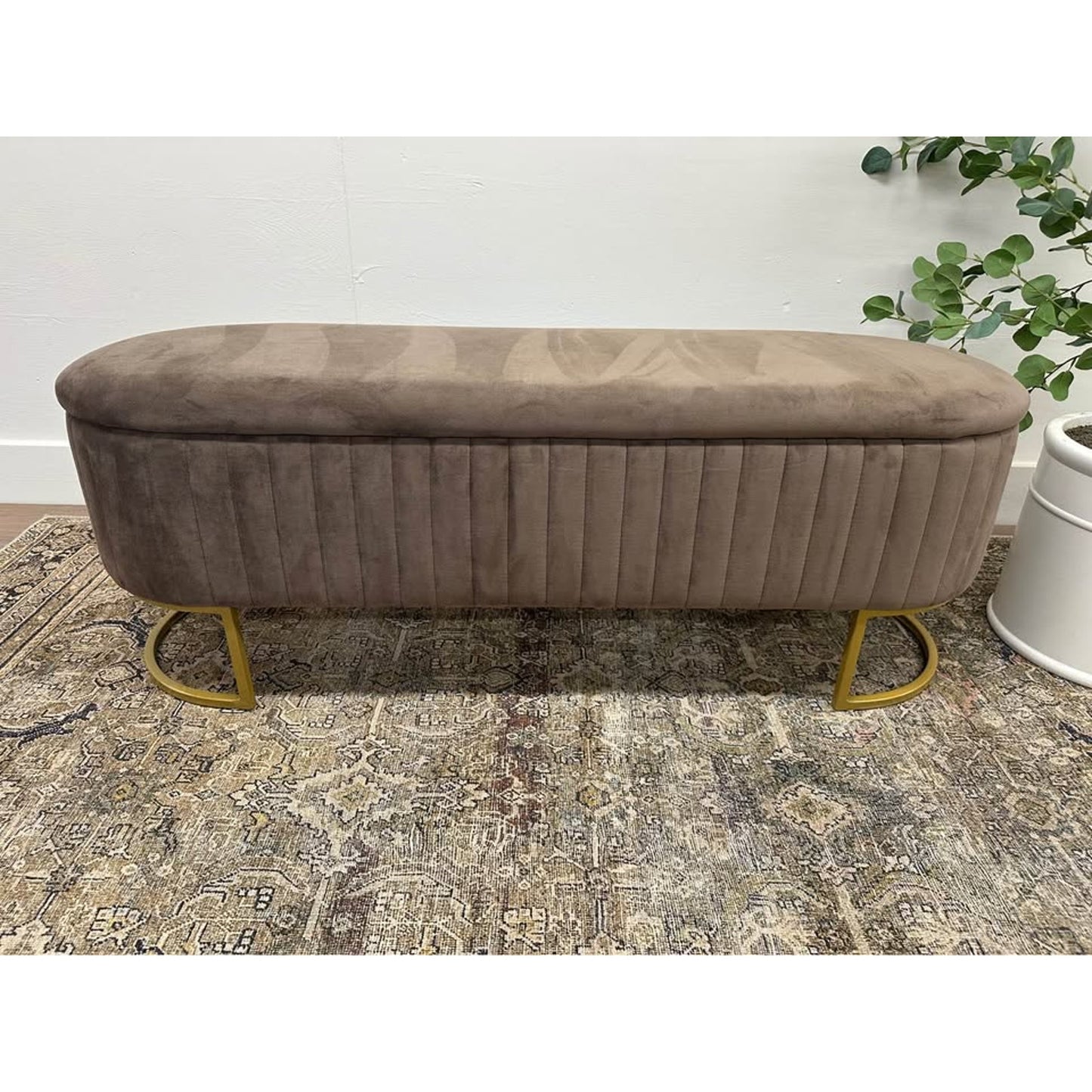 Paula 51" Wide Storage Bench-BROWN Gold Legs Oval Channel Tufting Velvet NEW Karat Home