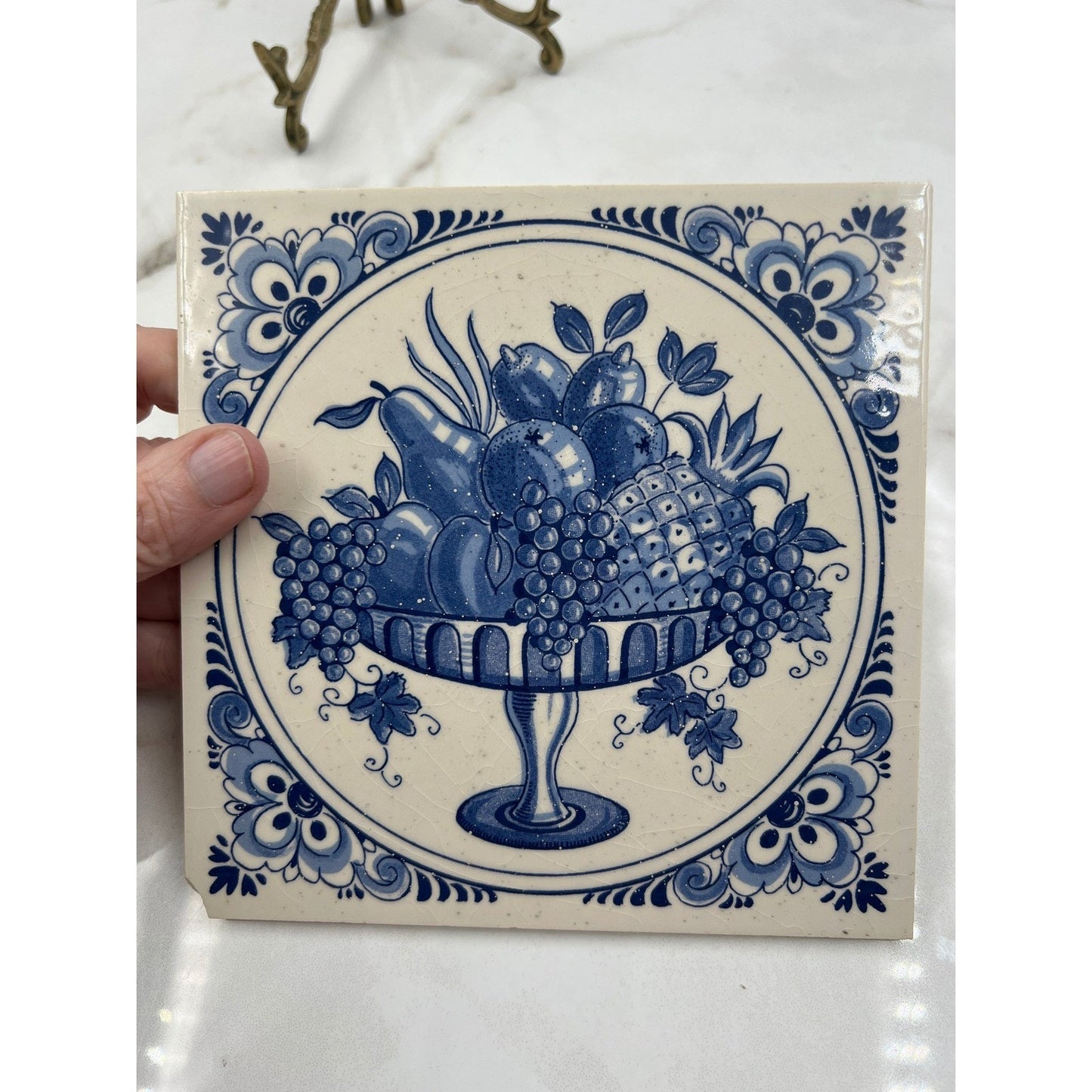 Delft Plateelbakkerij Schoonhoven Holland Blue White Fruit Ceramic Tile Vintage