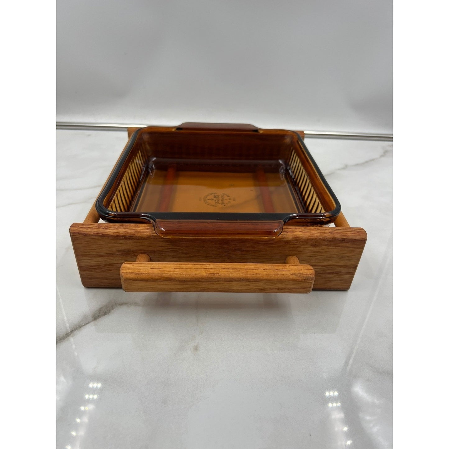VTG Fire King Amber Glass Baking Dish Wood Cradle Anchor Hocking MCM