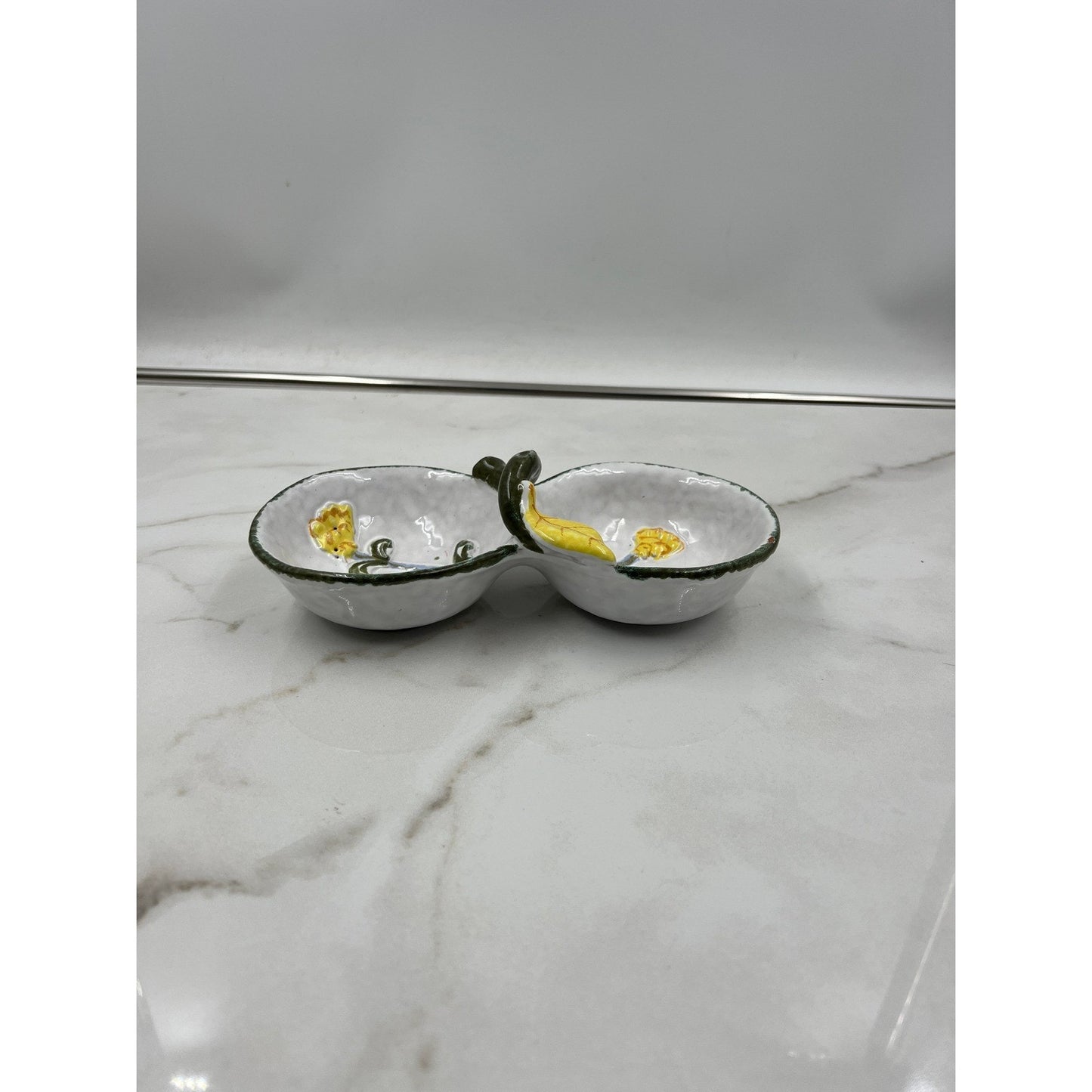 VTG Ceramic Divided Dish Italy Hand Painted Yellow Flowers Green Handle