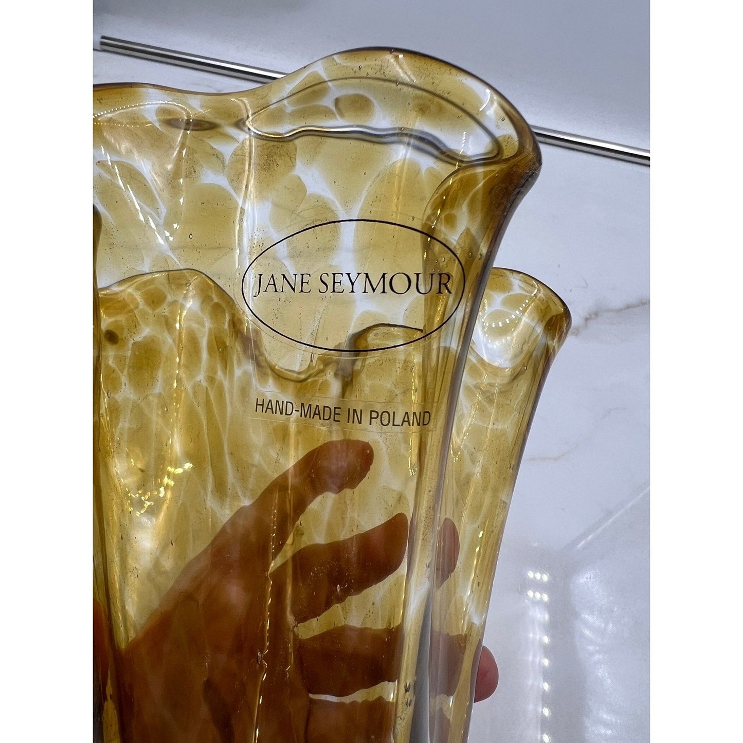 Jane Seymour Hand-Made Poland Amber Tortoise Art Glass Ruffled Handkerchief Vase