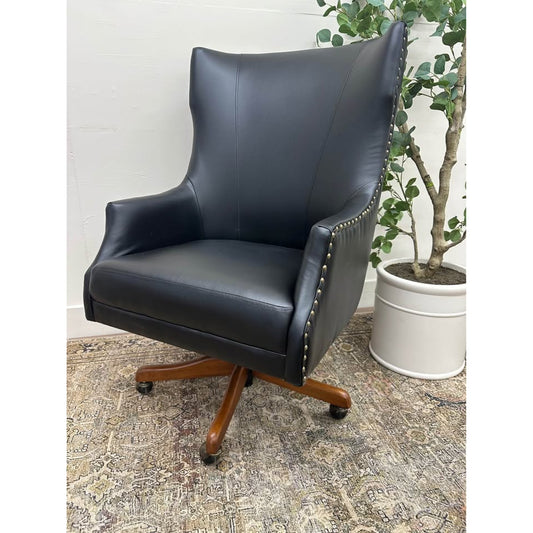 Leon Office Chair-BLACK Vegan Leather Nailhead Trim Executive Rolling Wood Base Desk
