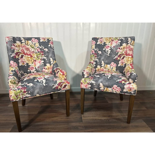 Grandin Road Armchairs Floral Fabric Covered Dining Kitchen Gray Set of 2