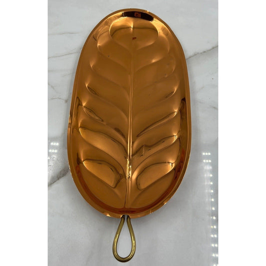 Vintage Copper Leaf Tray Wall Hanging Platter Brass Handle Mid Century Decor