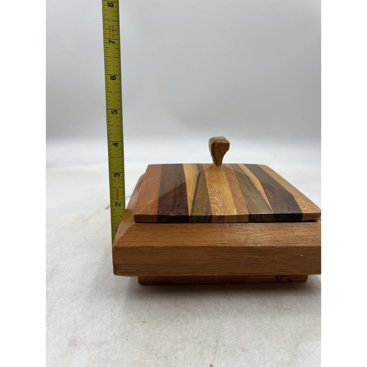 Vintage Handmade Striped Wood Jewelry Box Velvet Lined Lid Geometric Square 6"