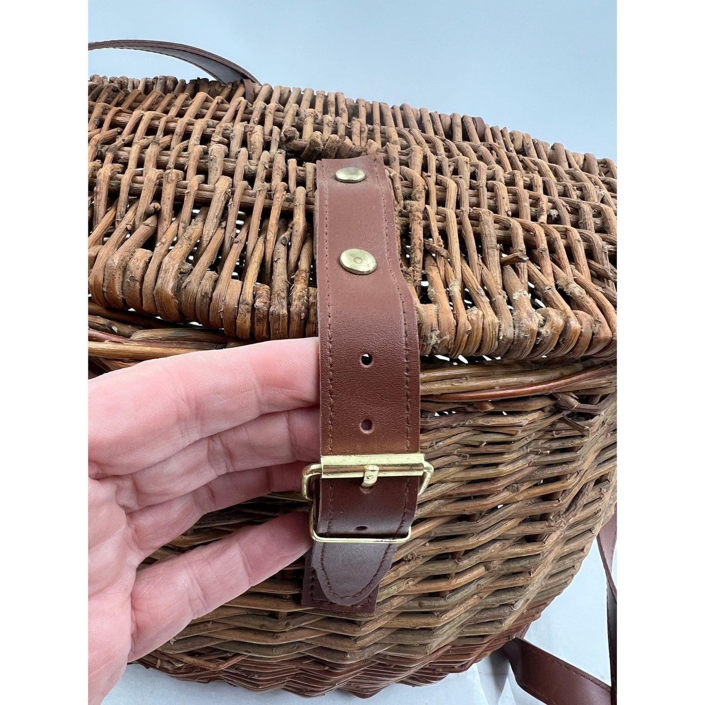 Vintage Wicker Creel Basket Bag Brown Woven Crossbody Picnic Fishing Bag