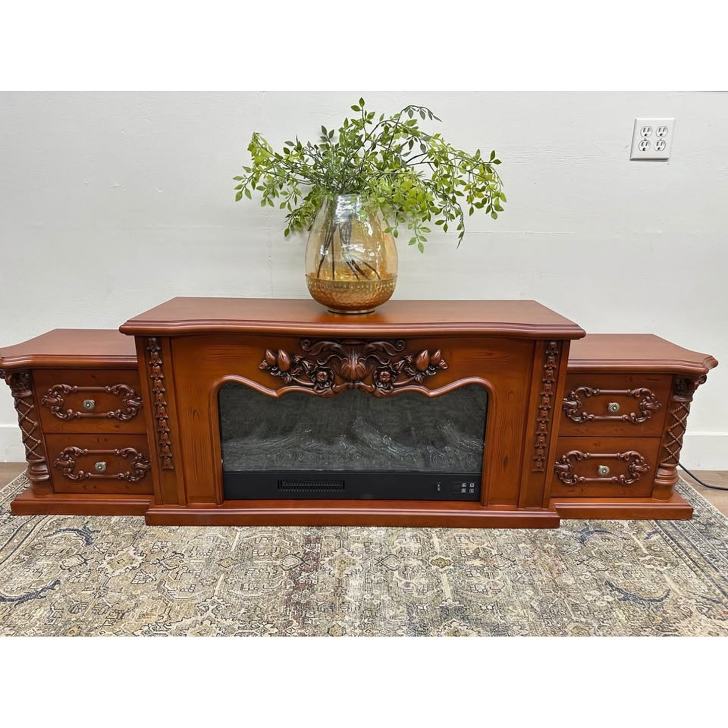 Carved Electronic Fireplace TV Storage Cabinet By Bkoksety Cherry Wood Look NEW