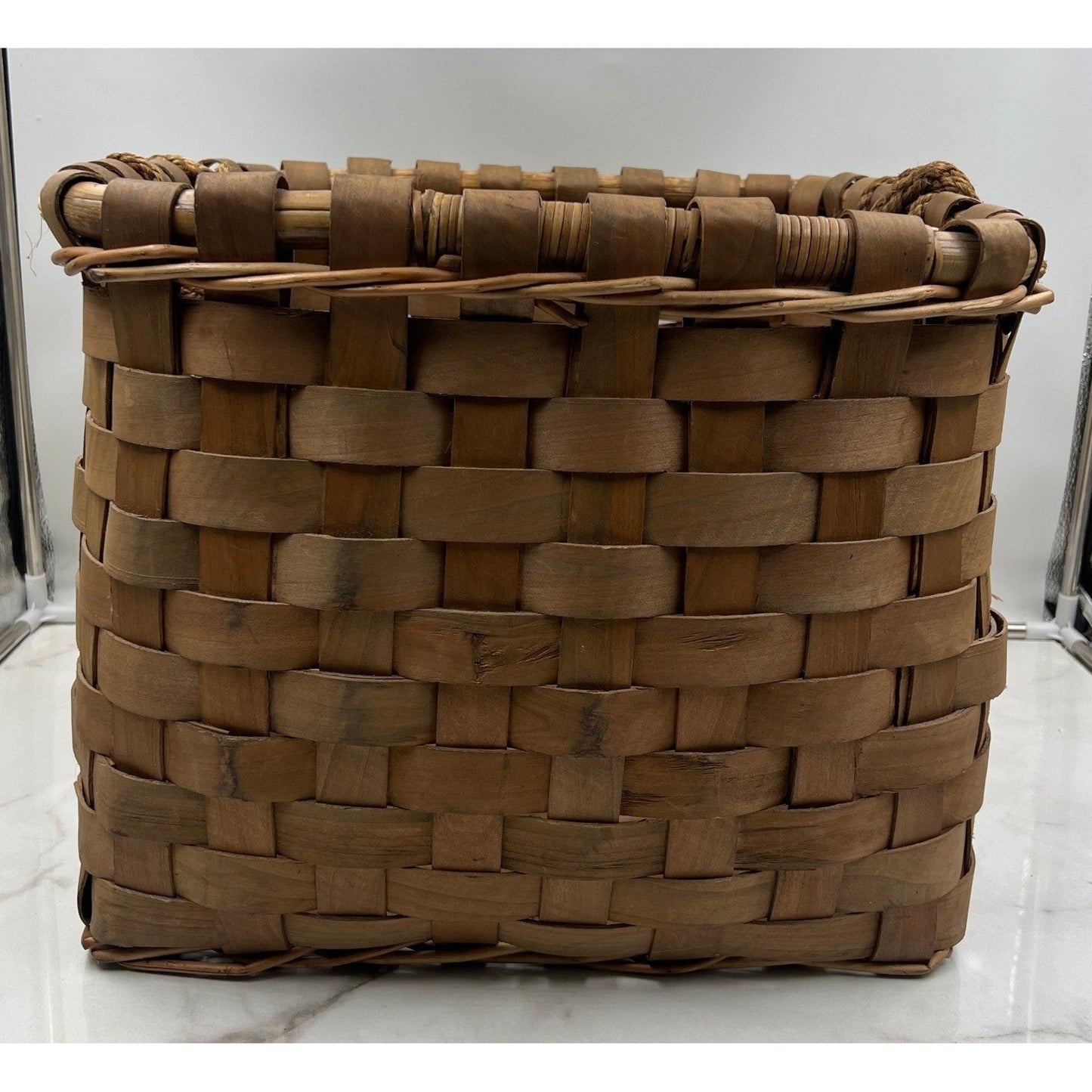 Vintage Woven Wood Splint Basket Square Farmhouse Storage with Rope Handles