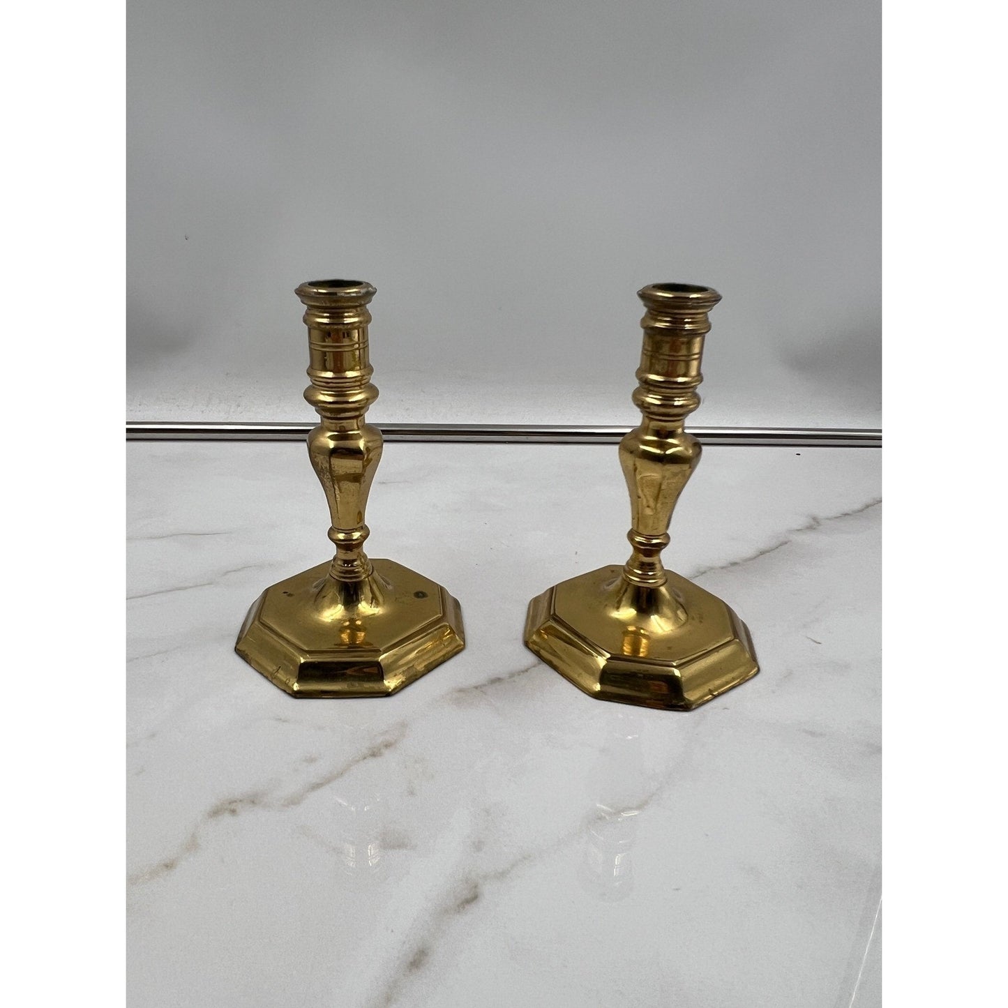 VTG Brass Candlesticks Holders Turned Hexagonal Base Set of 2