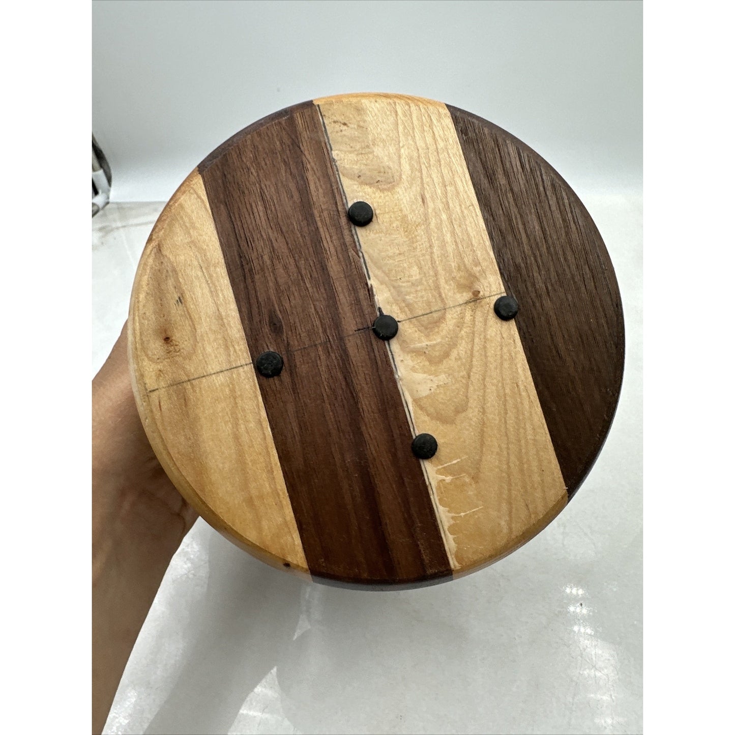 Vintage Wood Pillar Candle Holder Multi Toned Round -5" Tall- 6" Diameter