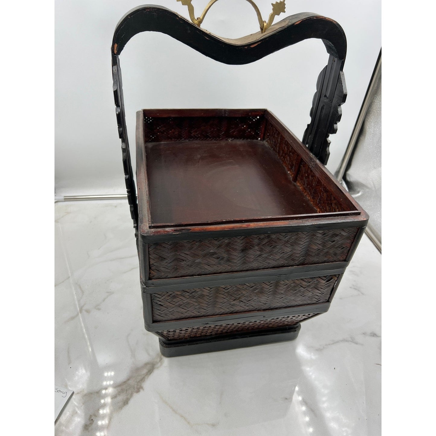 Vintage 3 Tier Chinese Wedding Basket Rattan Bamboo Design w/ Brass Deco
