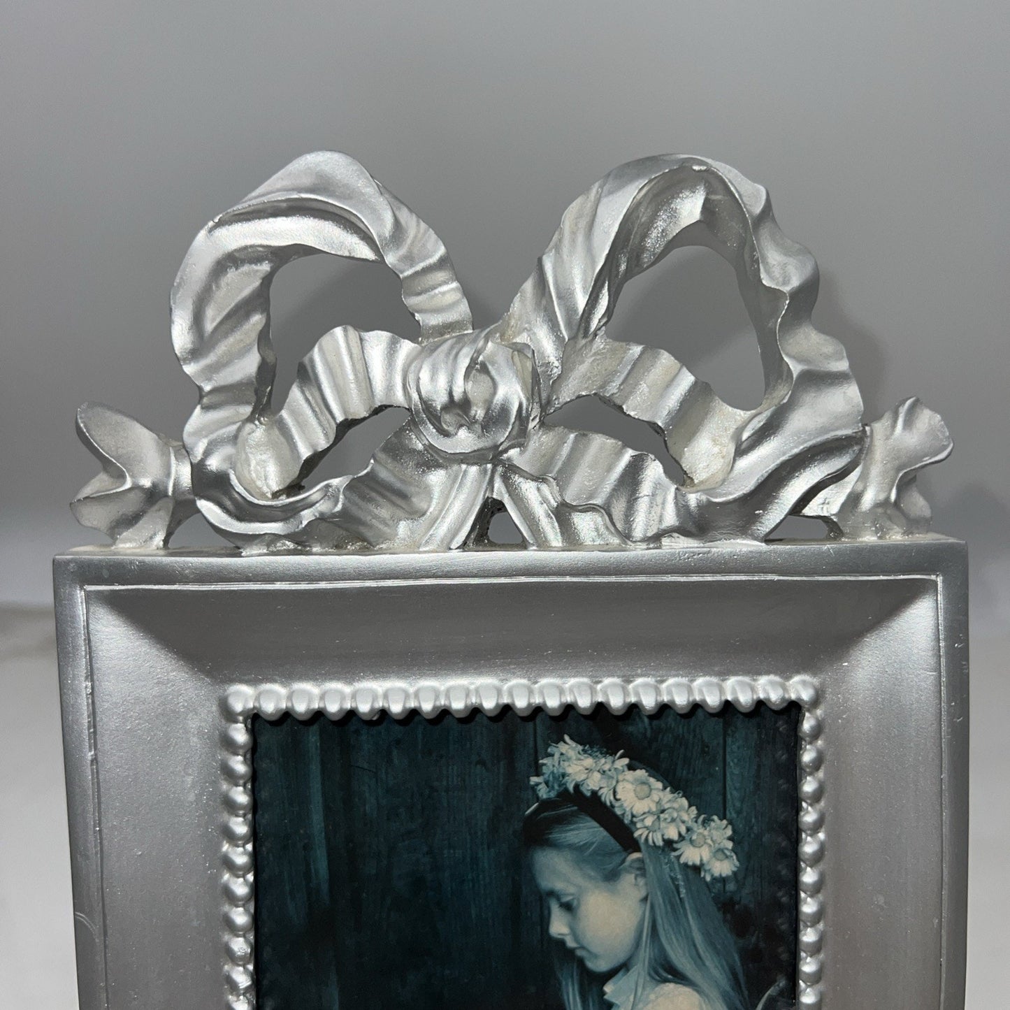 Vtg Silver Tone Picture Frame Ribbon Bow Coquette 4x8"