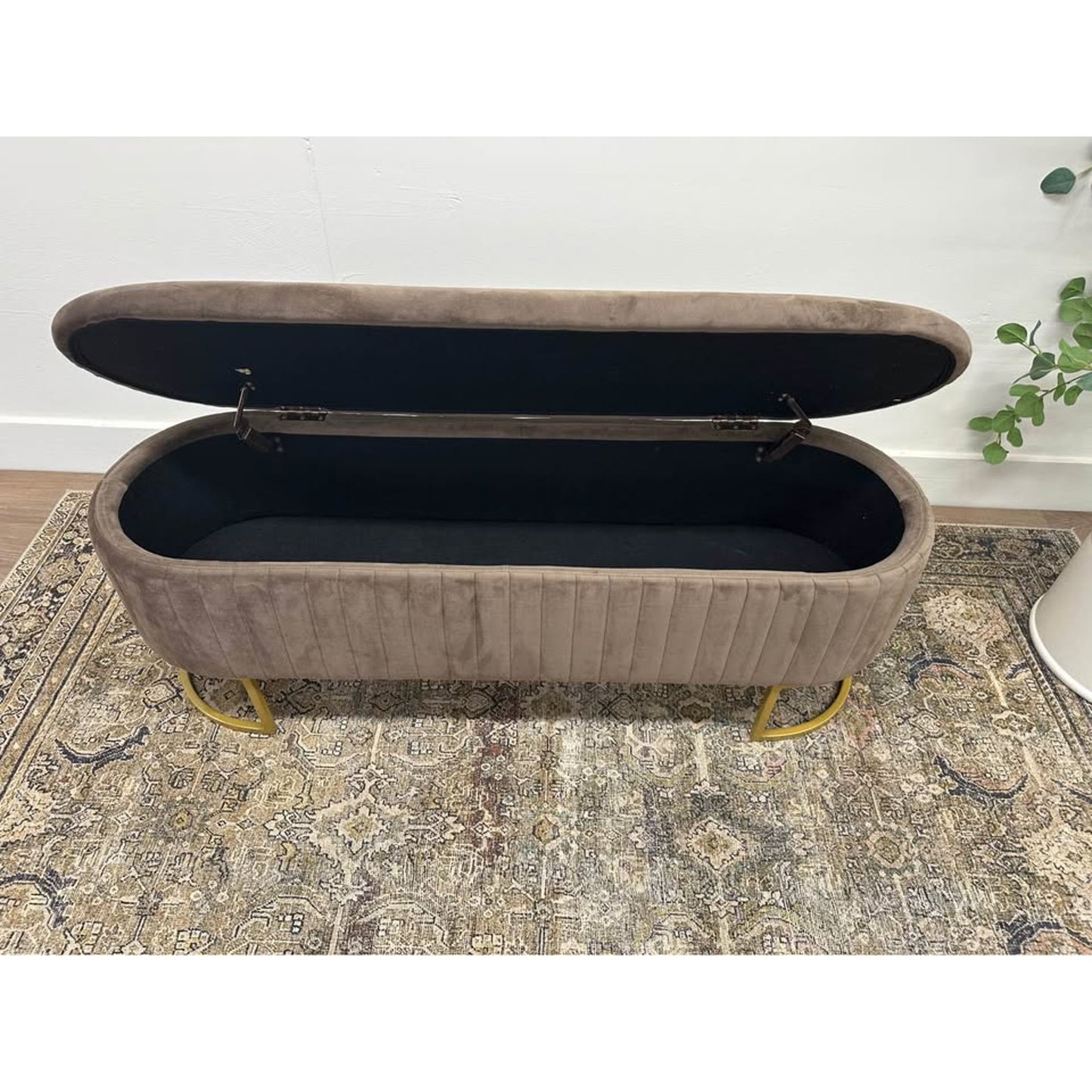 Paula 51" Wide Storage Bench-BROWN Gold Legs Oval Channel Tufting Velvet NEW Karat Home