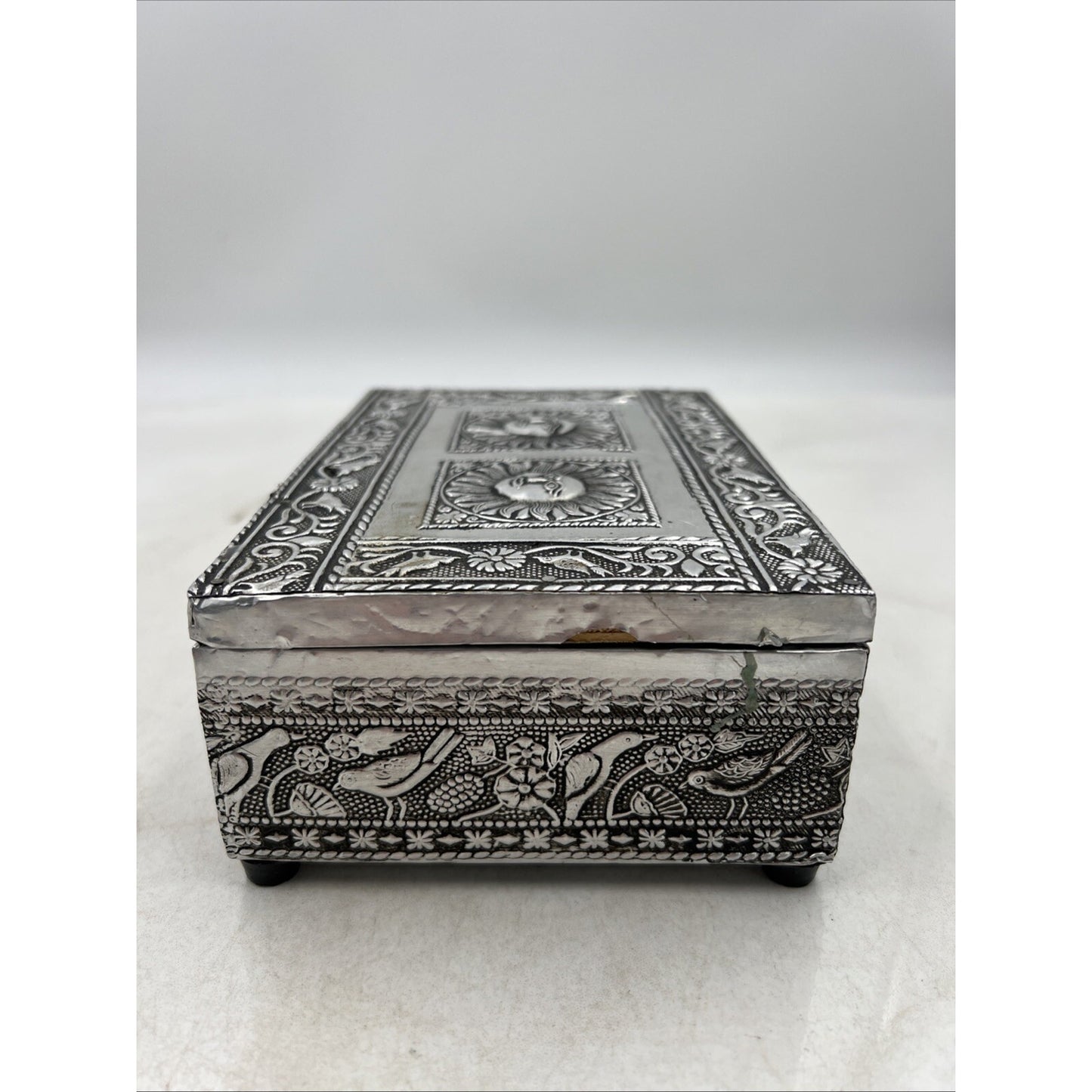 VTG Embossed Trinket Jewelery Box Silver Tone Rectangular Sun Face Birds