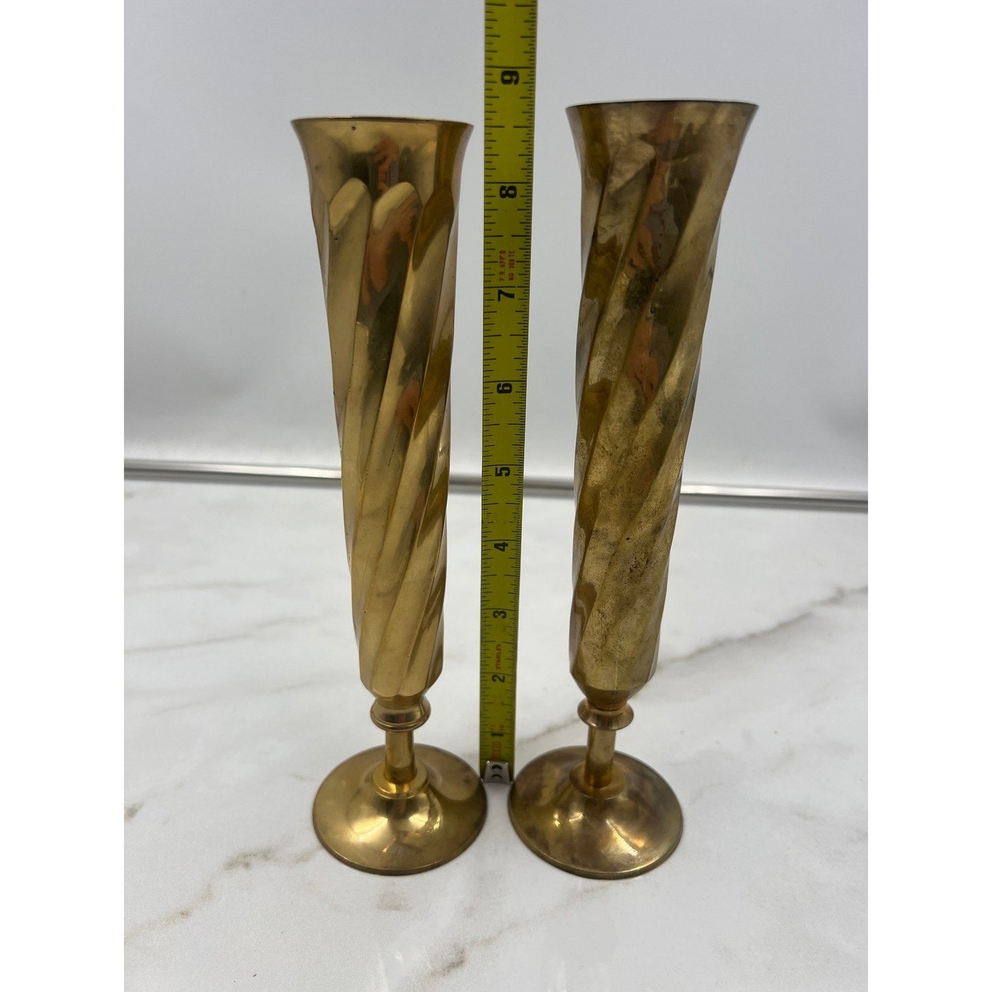 Vintage Solid Brass Spiral Twist Bud Vases Pair Made in India 8.5 Inch Gold