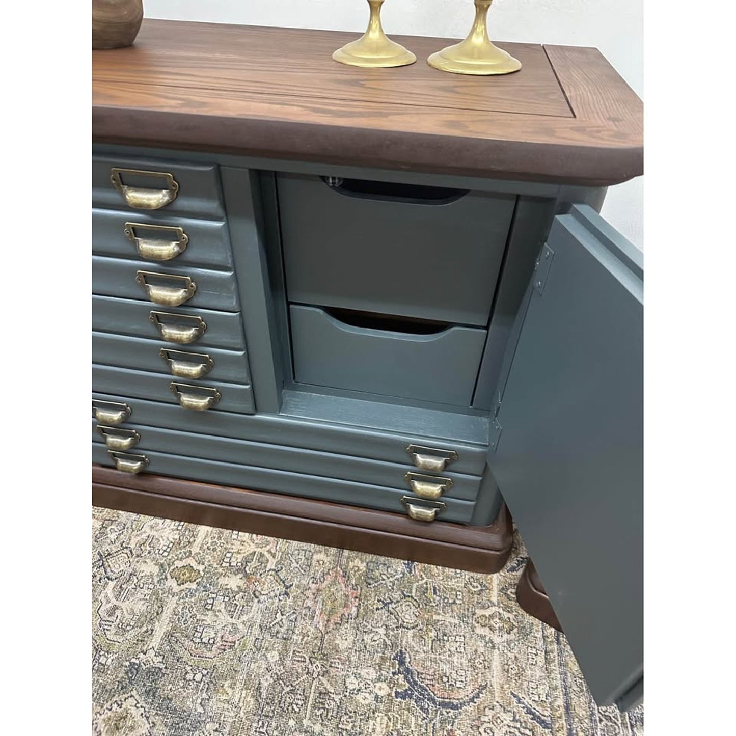 VTG Stanley Dresser Set Dresser Nightstands Dark Green Brass Apothecary Style Wood Stained Top