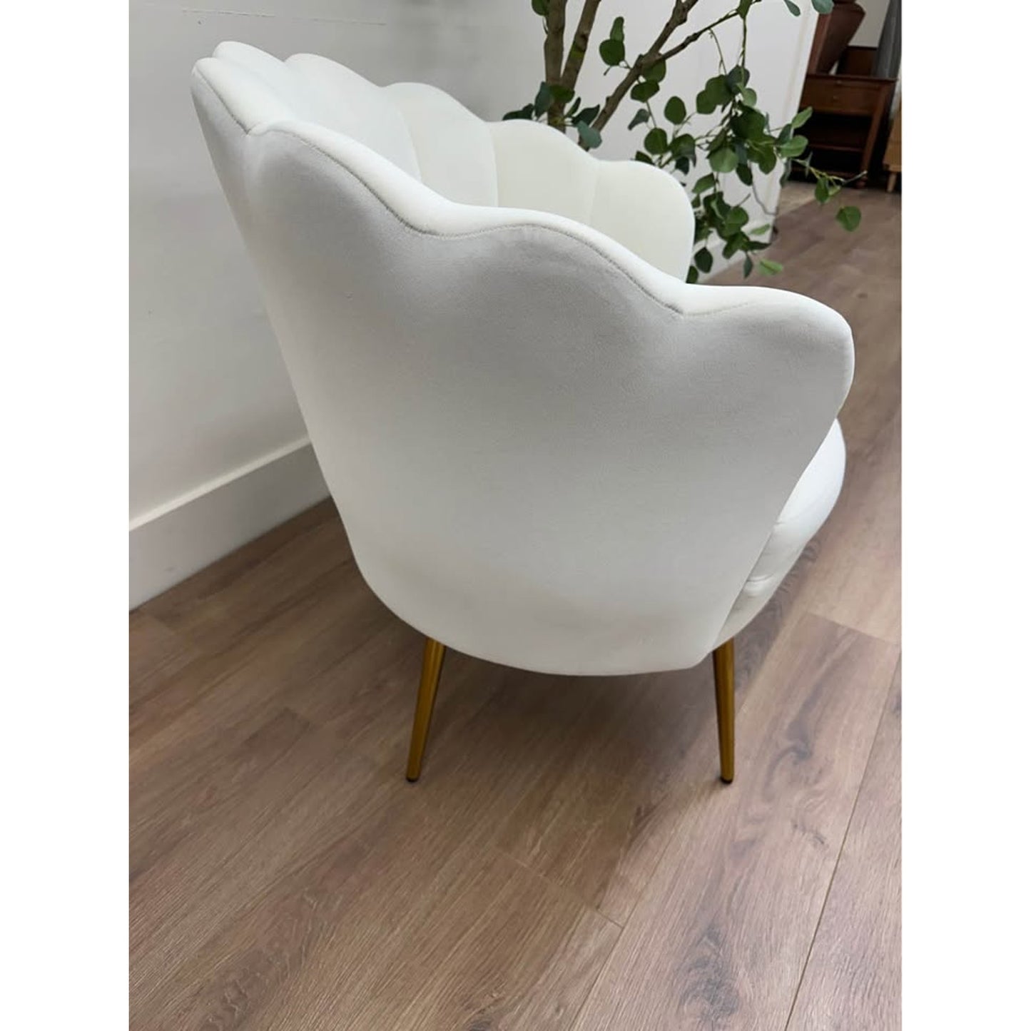 Donata Barrel Chair-IVORY Scalloped Side Chair Vanity Gold Legs New Karat Home