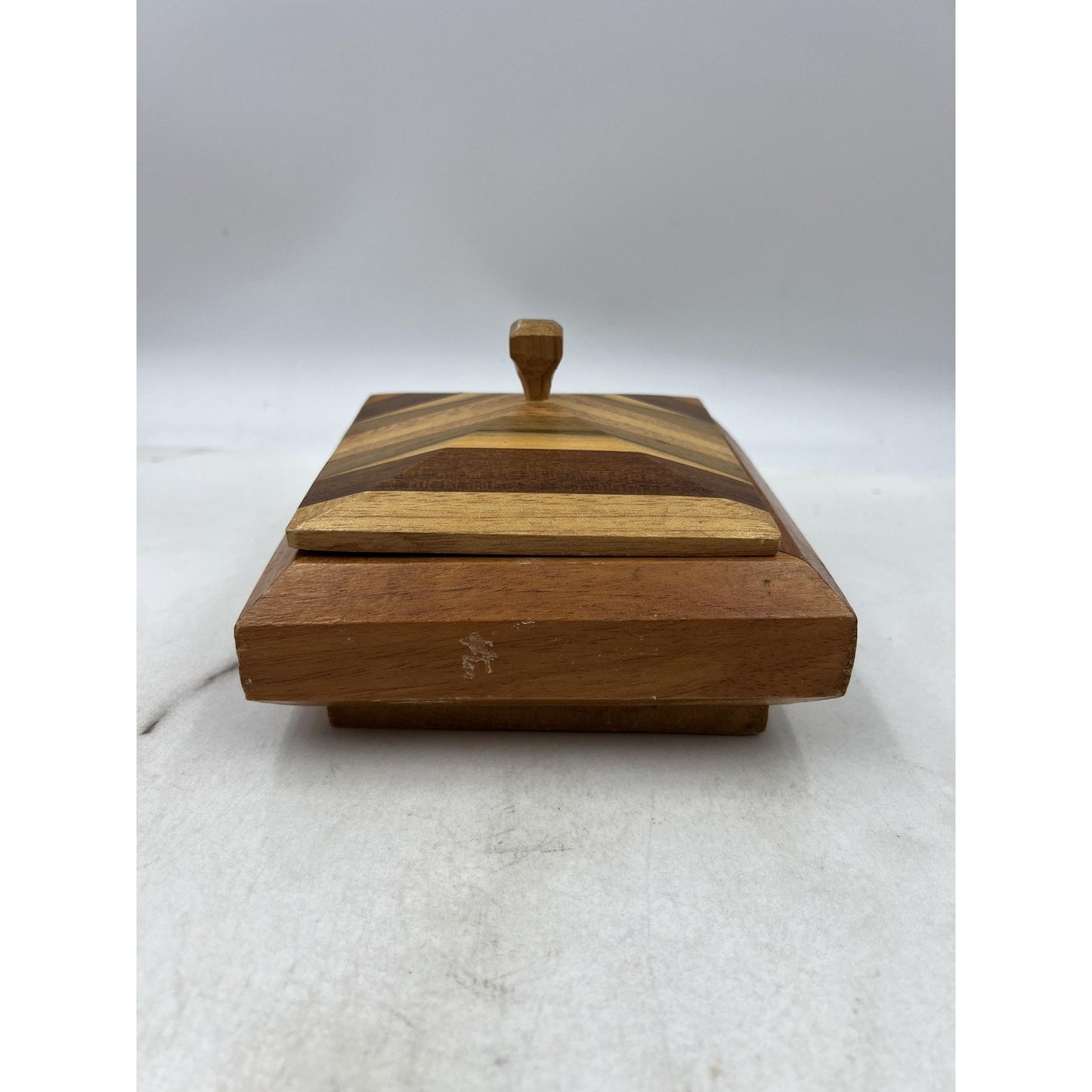 Vintage Handmade Striped Wood Jewelry Box Velvet Lined Lid Geometric Square 6"
