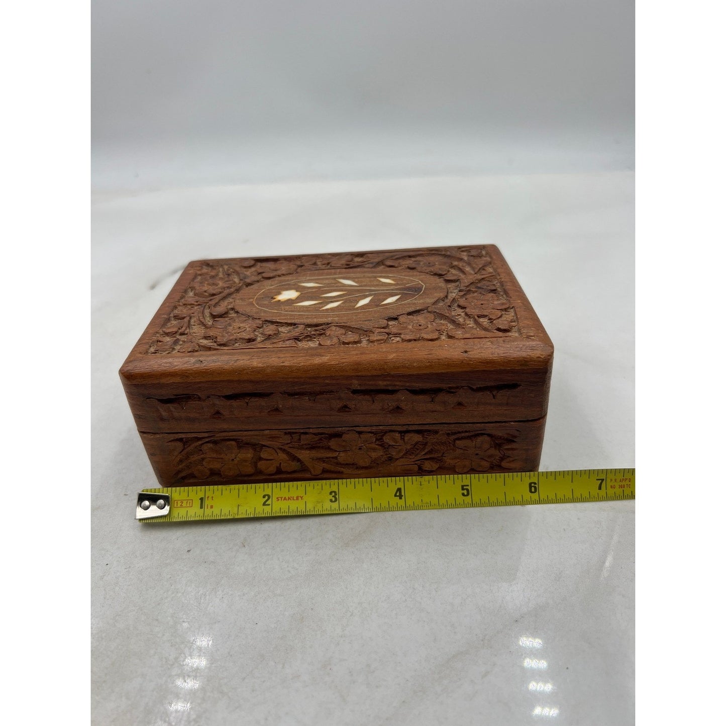 Hand Carved Wooden Jewelry Box Trinket Keepsake Ornate Floral Inlay