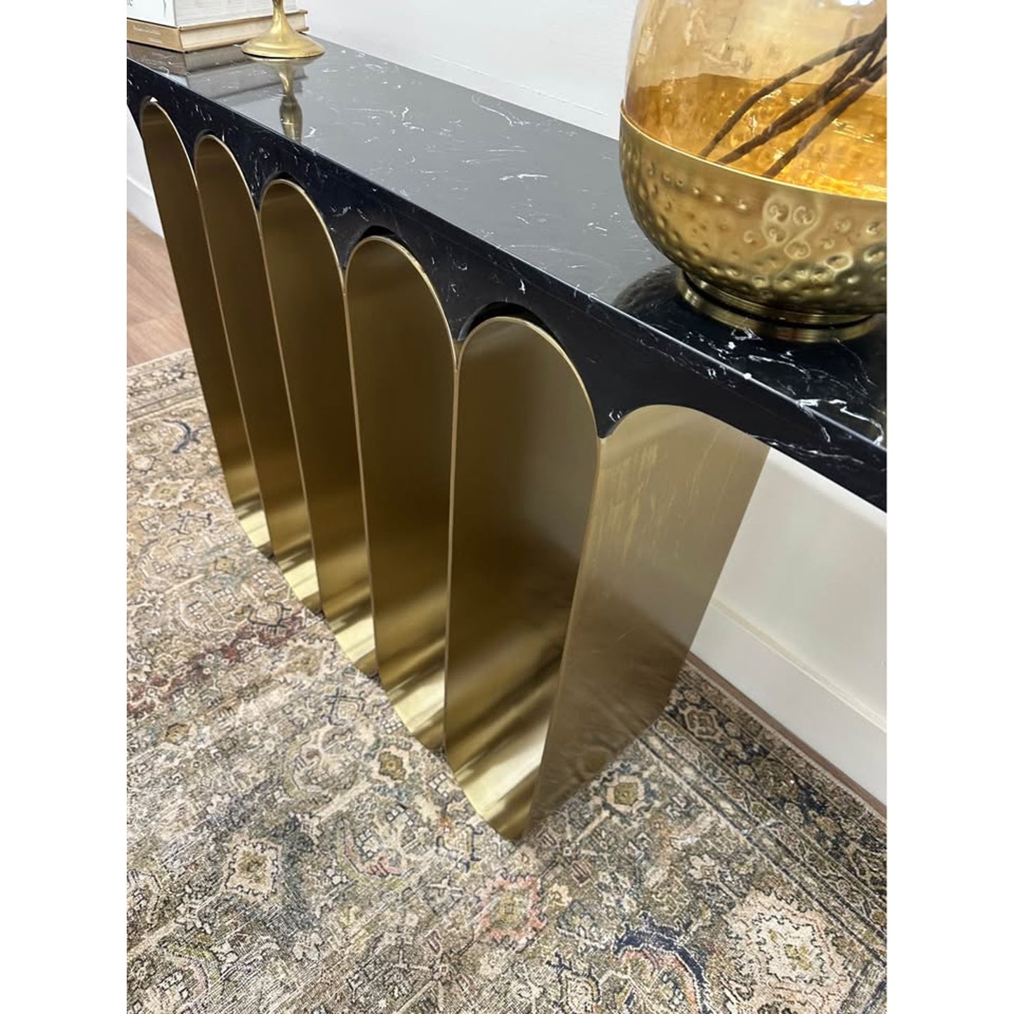 Curley Entry Table Console By Everly Quinn Black Marble Top Heavy Gold Base