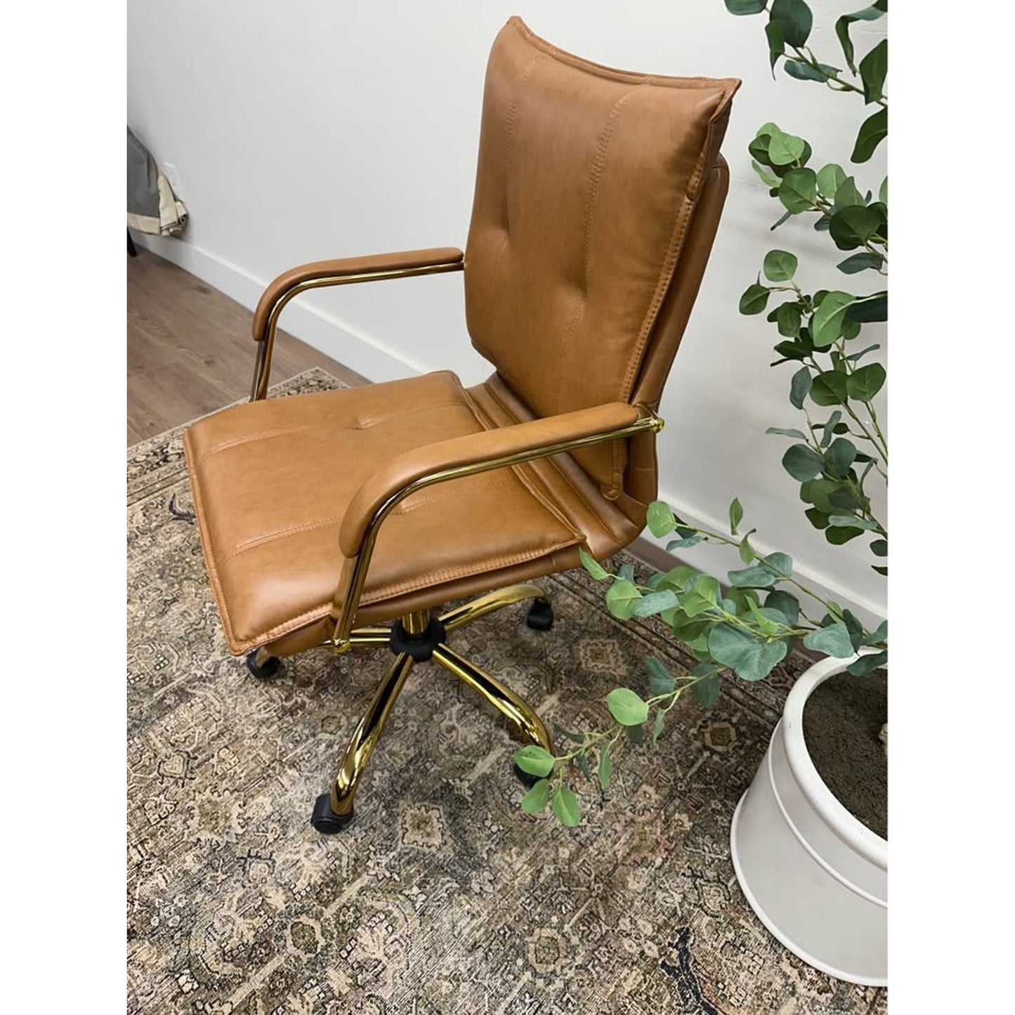 Riccardo Task Chair Brown Faux Leather Gold Rolling Office Chair