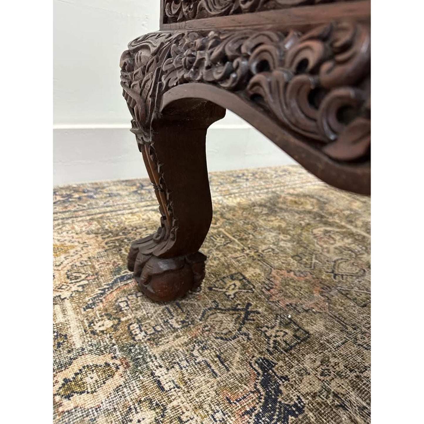 Antique Mahogany Coffee Table Chinese Asian Burmese Anglo-Indian Hand Carved Wood Ball Claw Feet