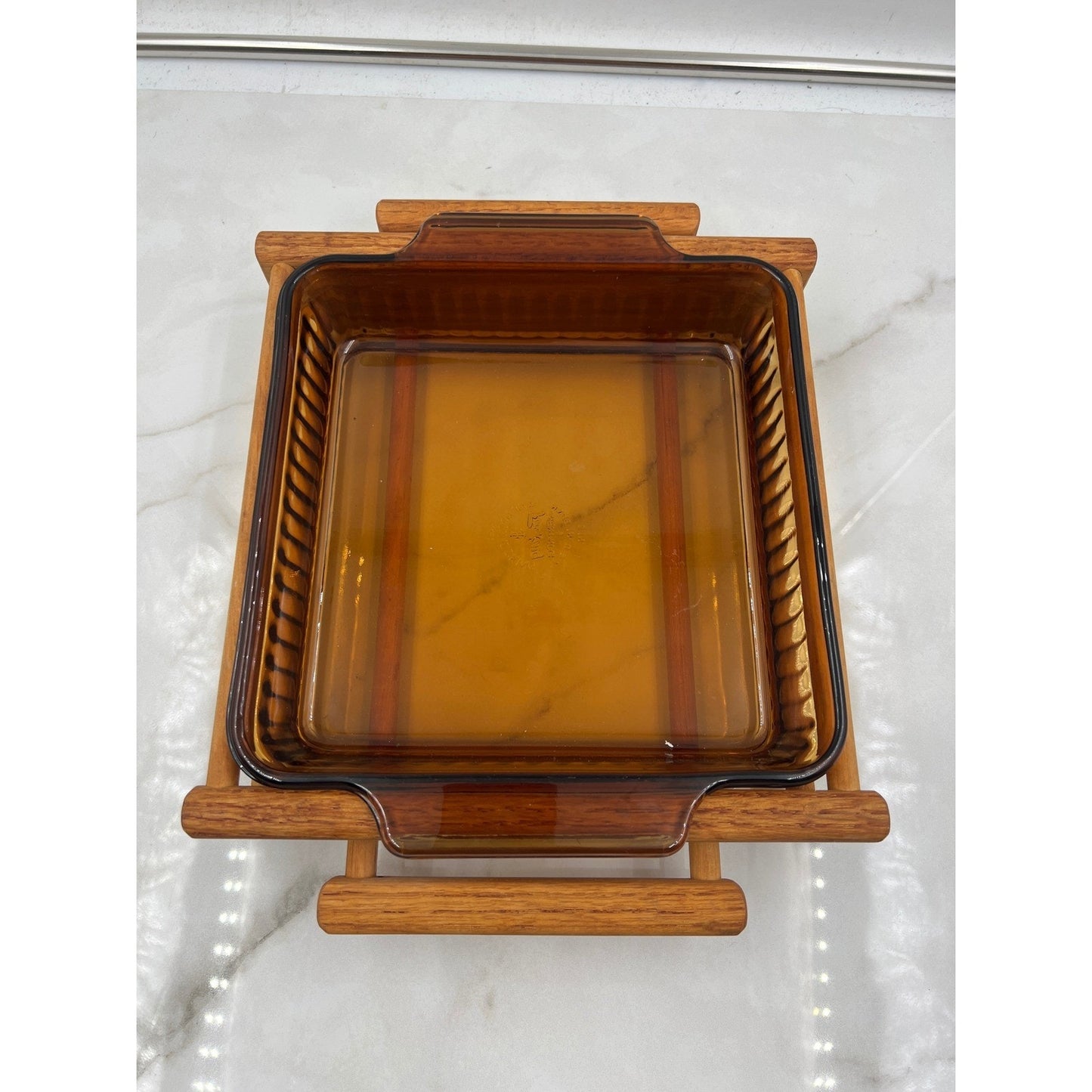 VTG Fire King Amber Glass Baking Dish Wood Cradle Anchor Hocking MCM