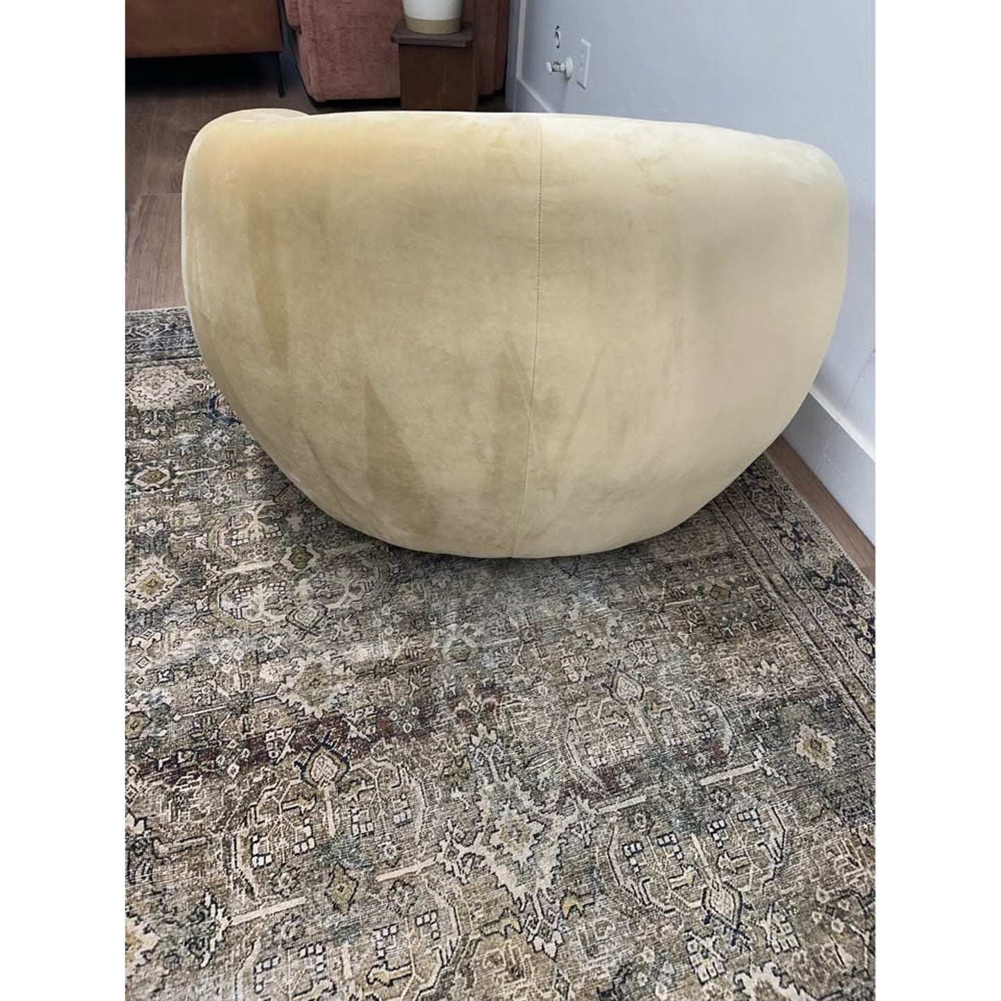 Emery Velvet Barrel Chair Lounger Yellow Gold Color Fabric Round