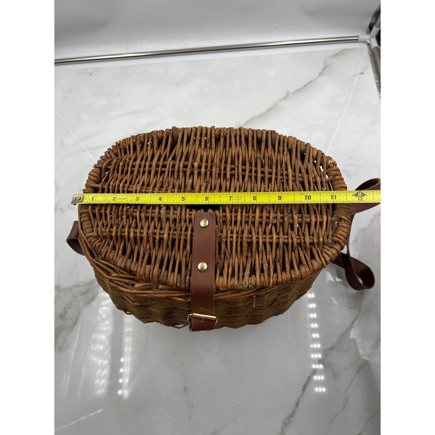 Vintage Wicker Creel Basket Bag Brown Woven Crossbody Picnic Fishing Bag