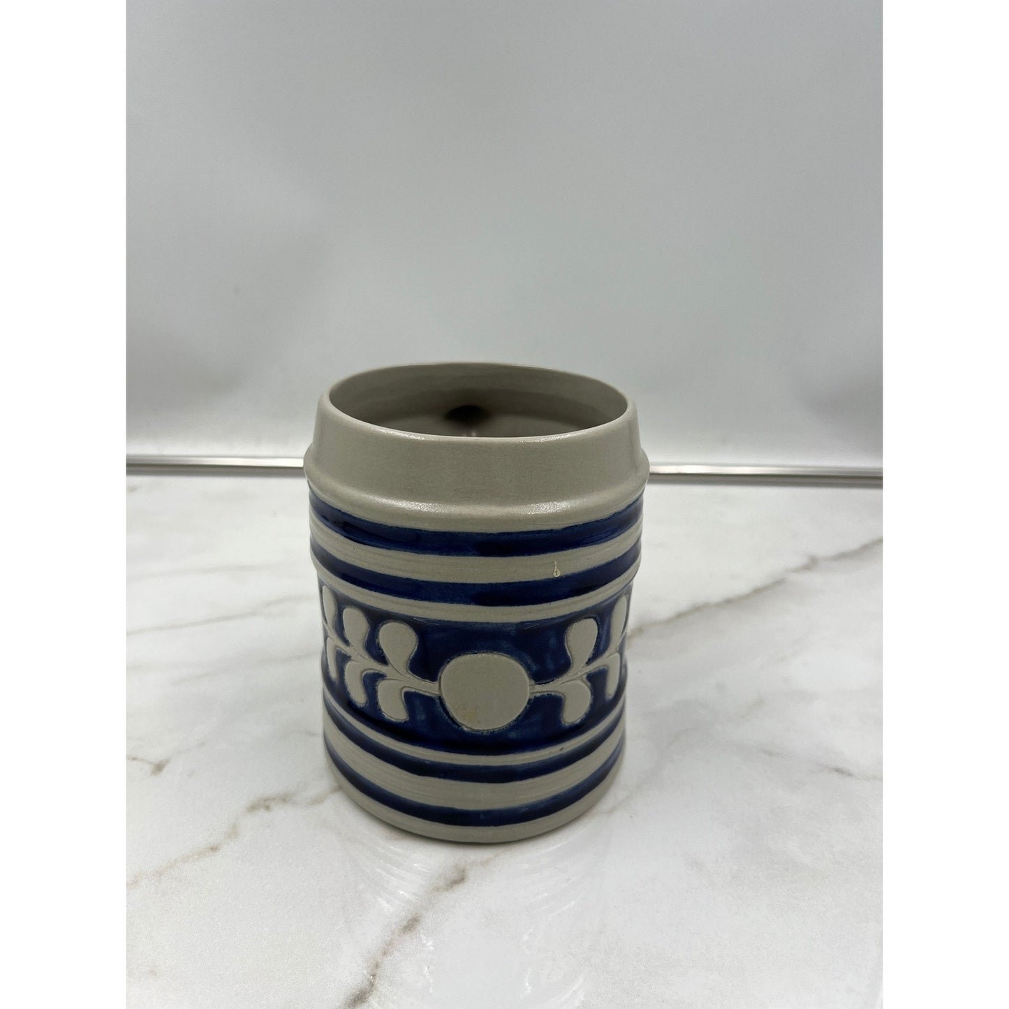 Vintage Salt Glaze Stoneware Beer Stein Cobalt Blue Leaf Pattern Ceramic Mug 5in