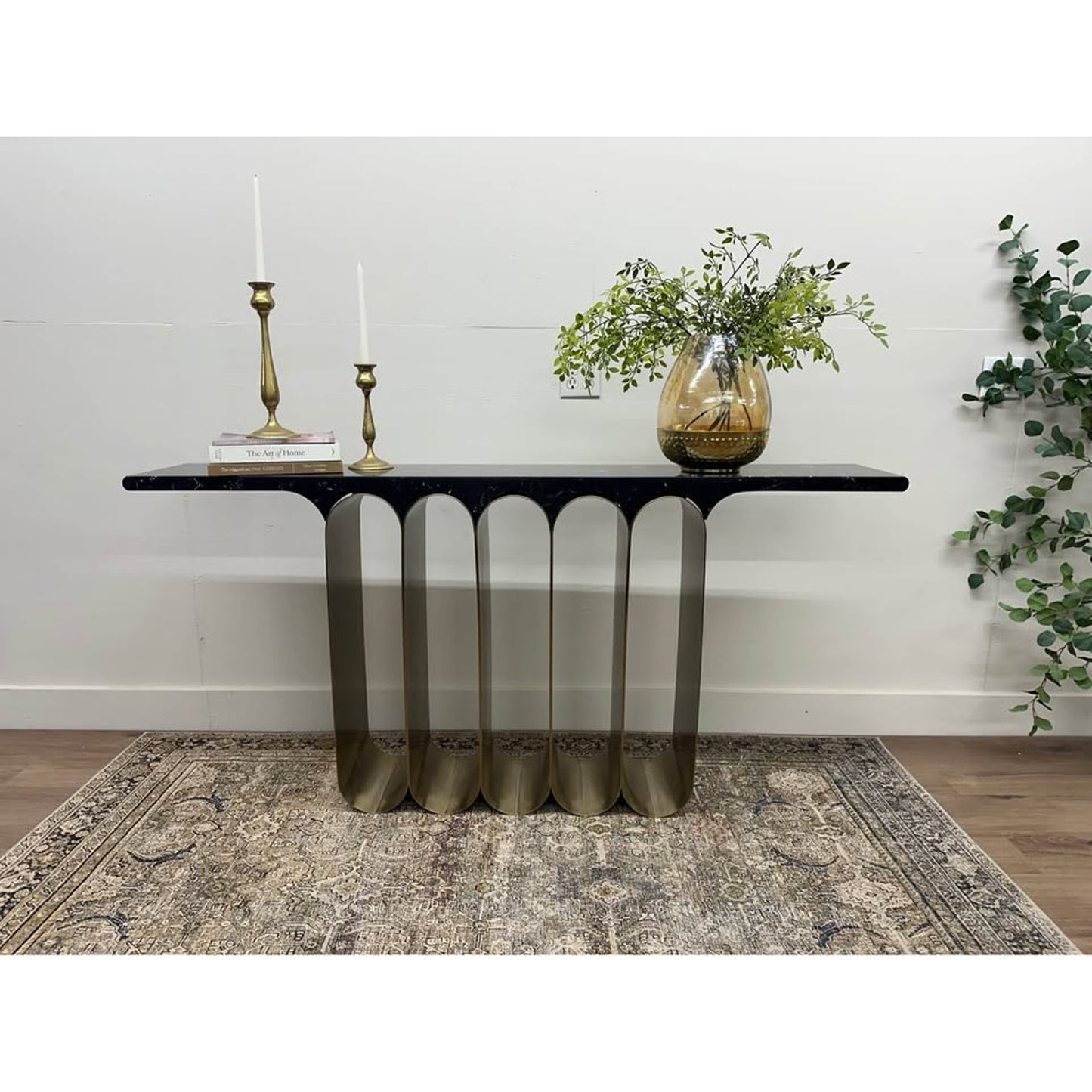 Curley Entry Table Console By Everly Quinn Black Marble Top Heavy Gold Base