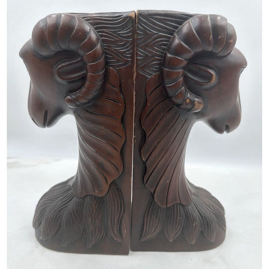 Vintage Alcam Carved Wood Rams Head Bookends Made Indonesia Ironwood