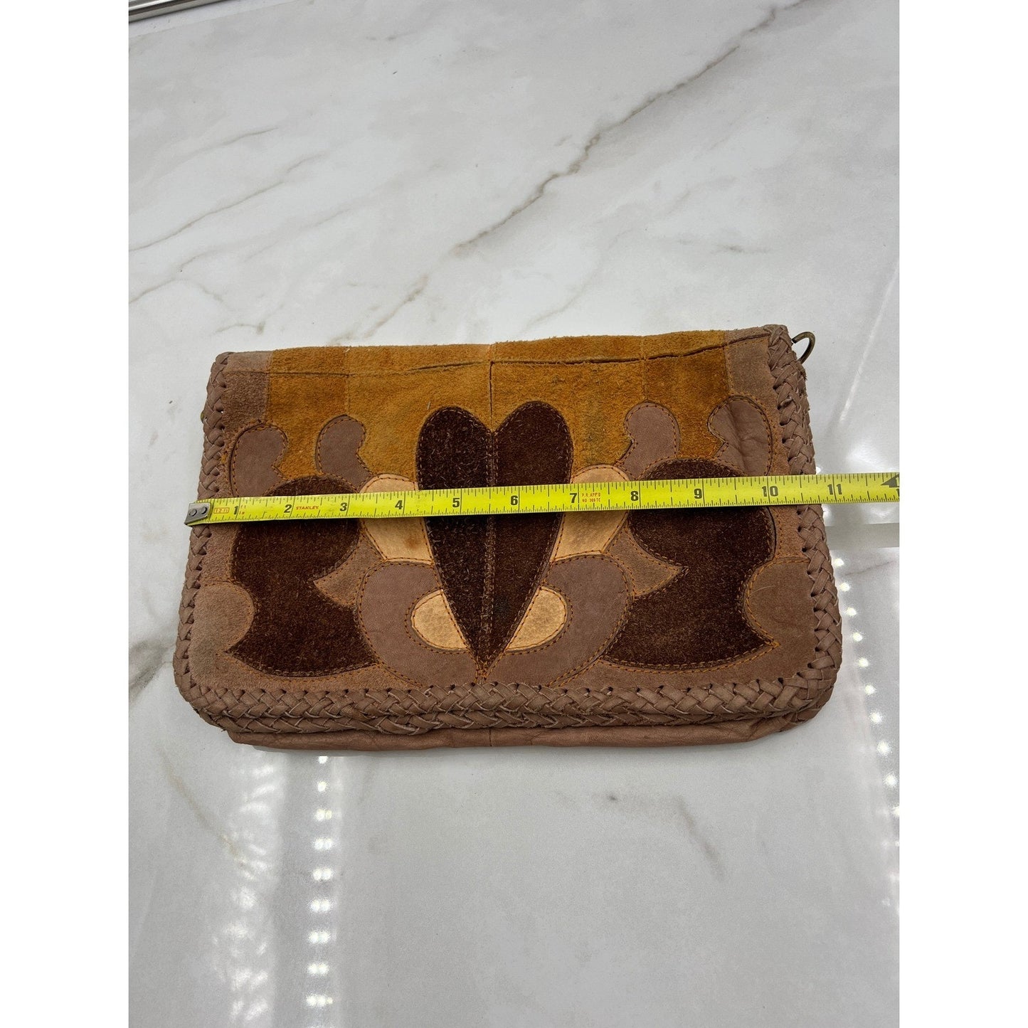 Vintage Patchwork Suede Leather Heart Boho Clutch Bag Brown Tan Braided Trim