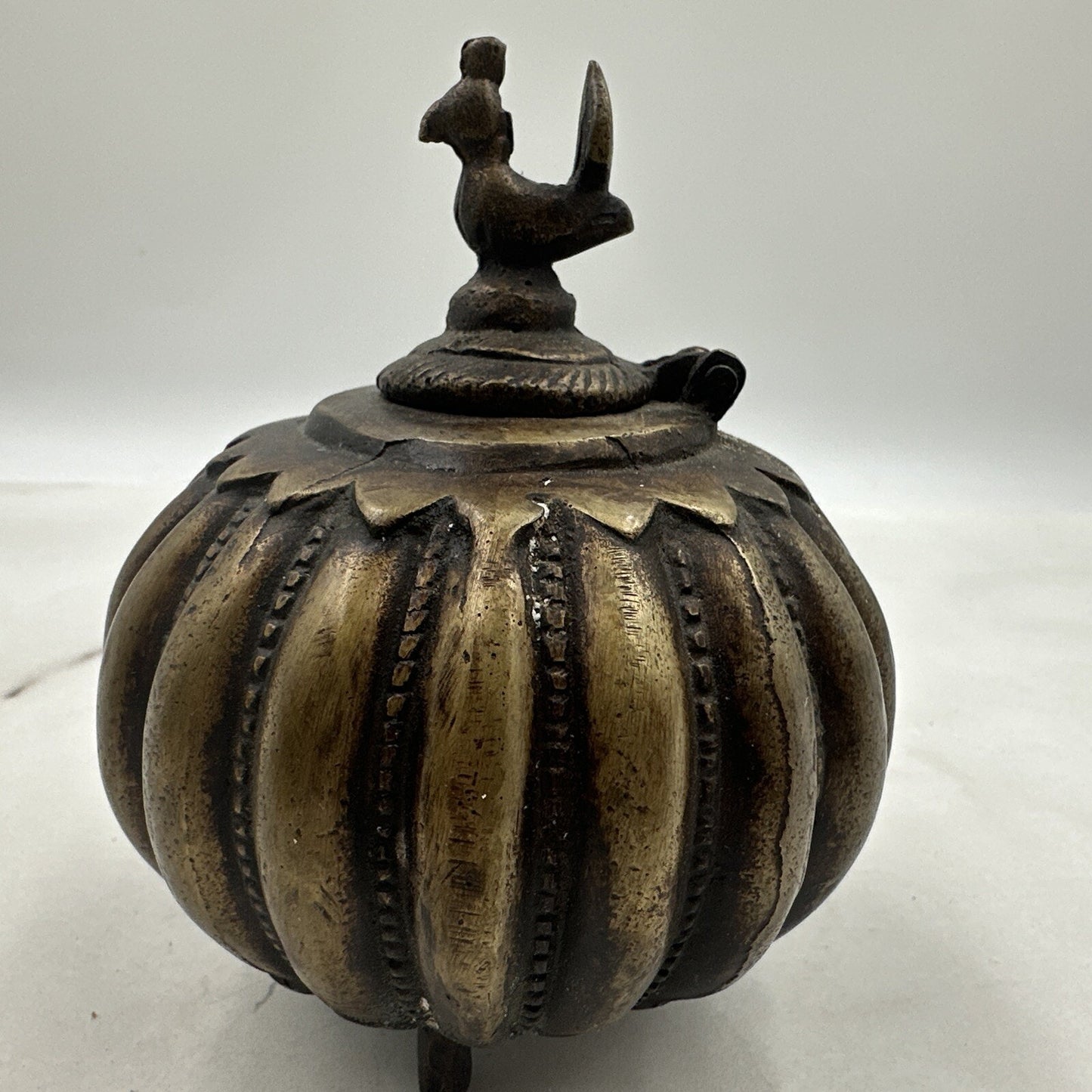 Antique Ink Well Indian Cast Bronze Mughal Footed w/ Peacock Lid & Fluted Sides