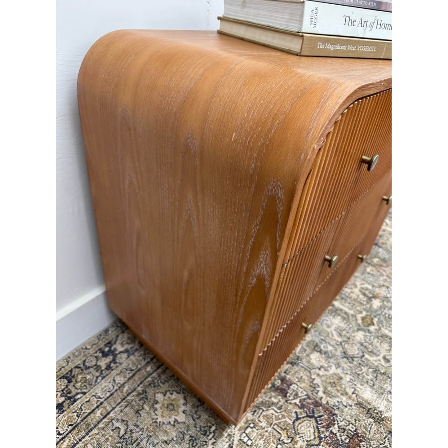 Yanick 3-Drawer Nightstand-OAK Wood Ribbed Fluted Arched Brass 27"Tall