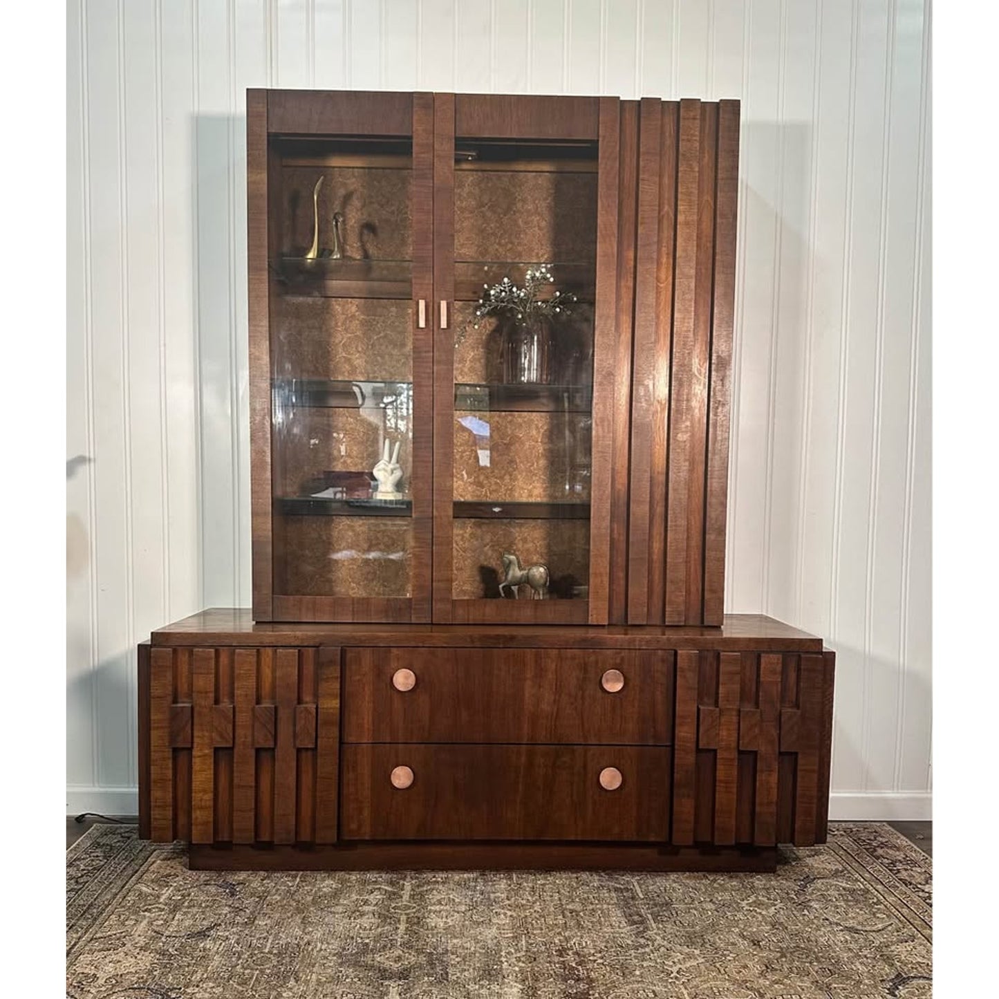 VTG Lane Staccato Brutalist Mid Century Dark Walnut Buffet and Hutch