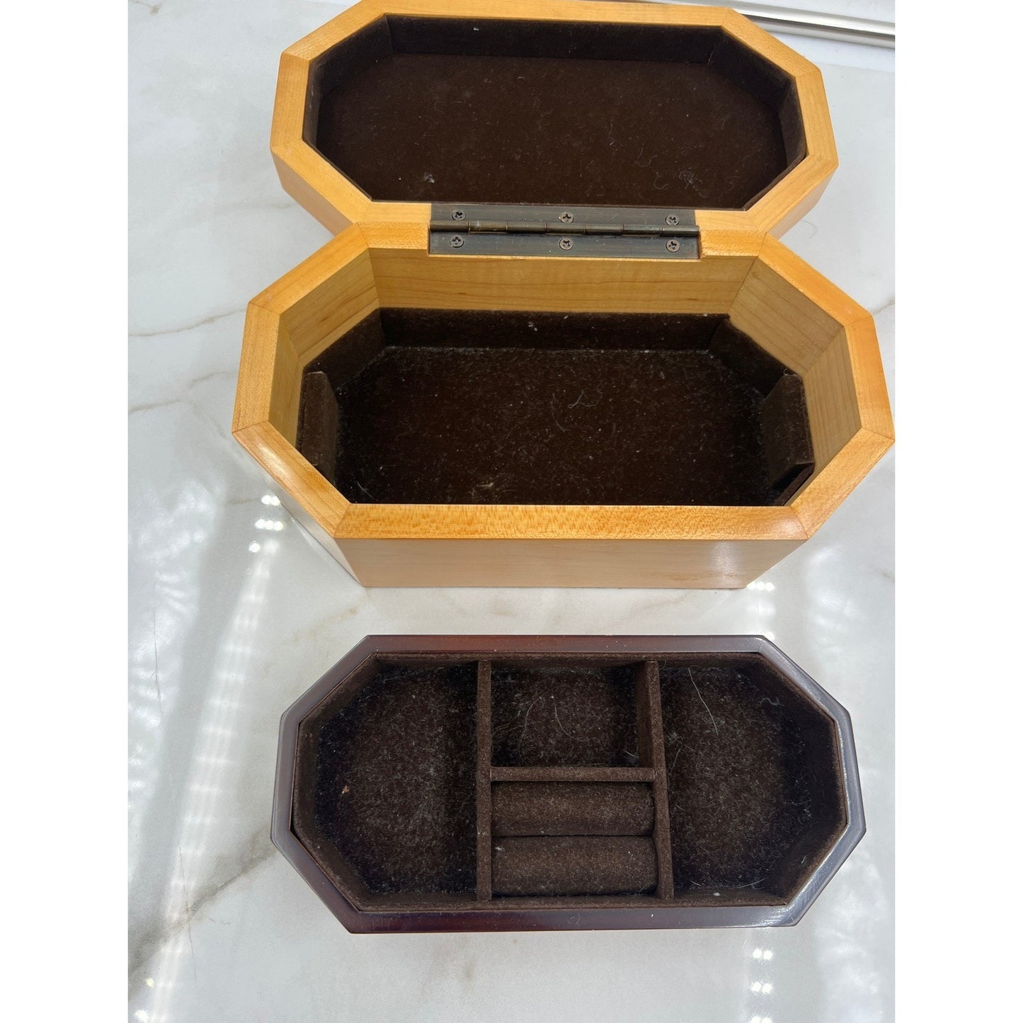 Vintage Octagon Wood Jewelry Box Inlay Detail and Removable Tray Brown Velvet