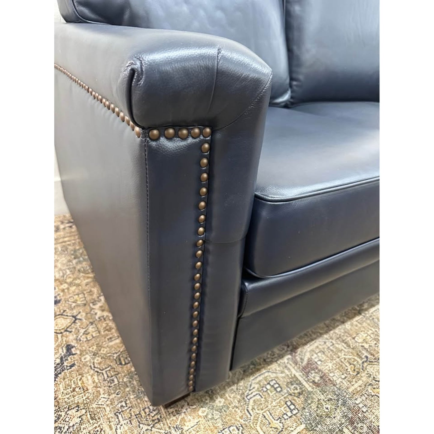 Lola 56" Wide Leather Sofa Navy Nail Head Couch