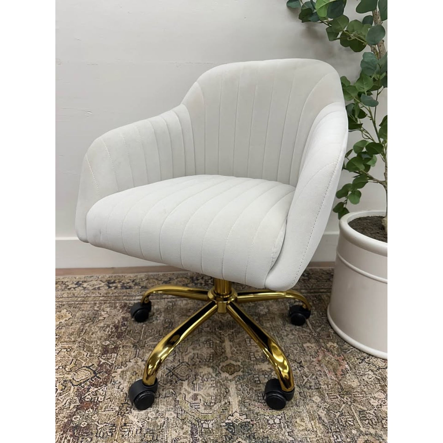 Jacinda Task Chair-Off White Velvet Gold Rolling Office Chair