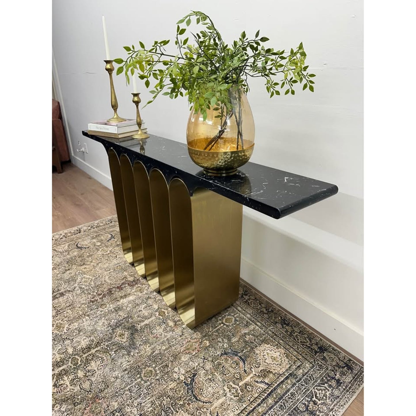 Curley Entry Table Console By Everly Quinn Black Marble Top Heavy Gold Base