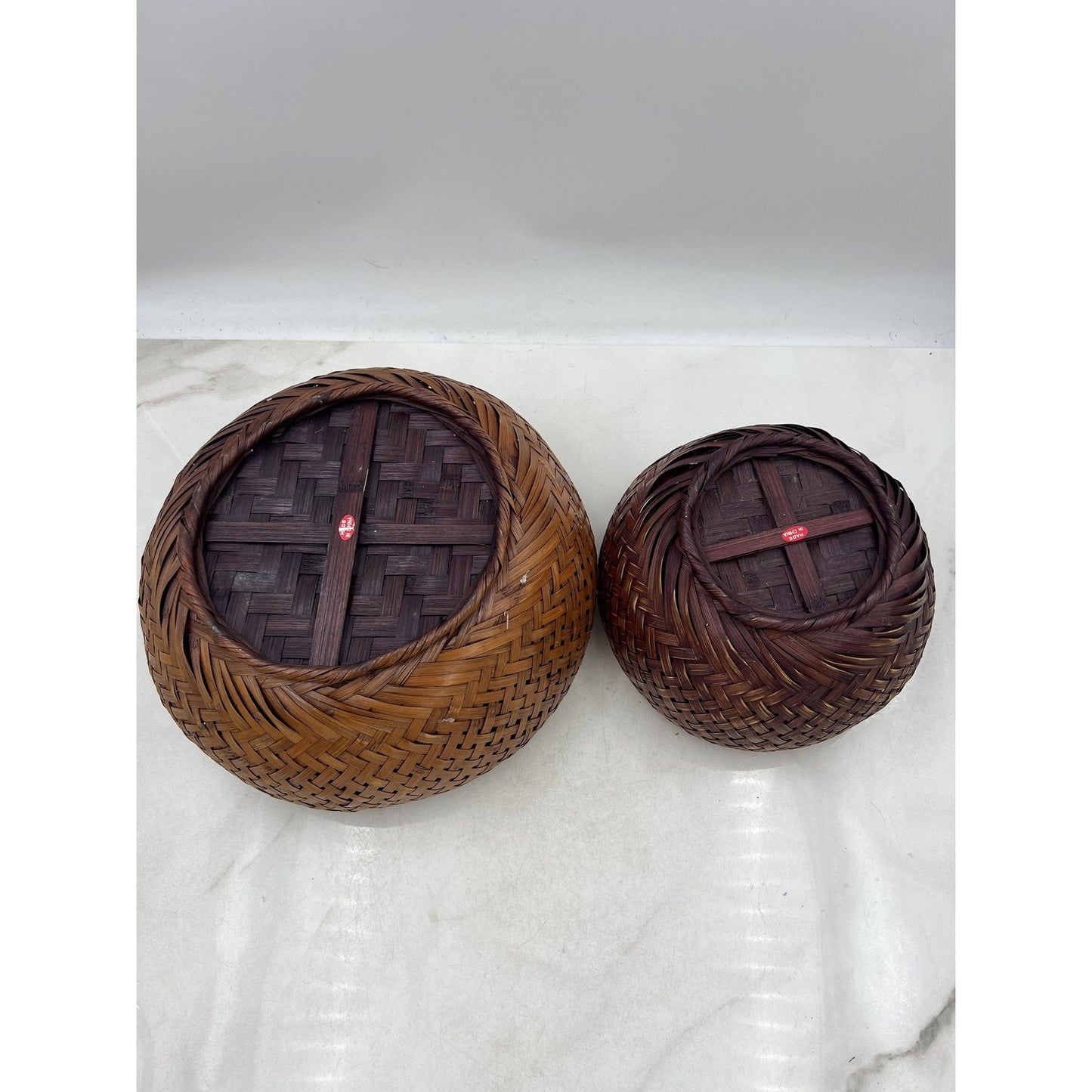 Handwoven Rattan Bamboo Wicker Basket Bowl Set Pair Nesting Boho Decor Round