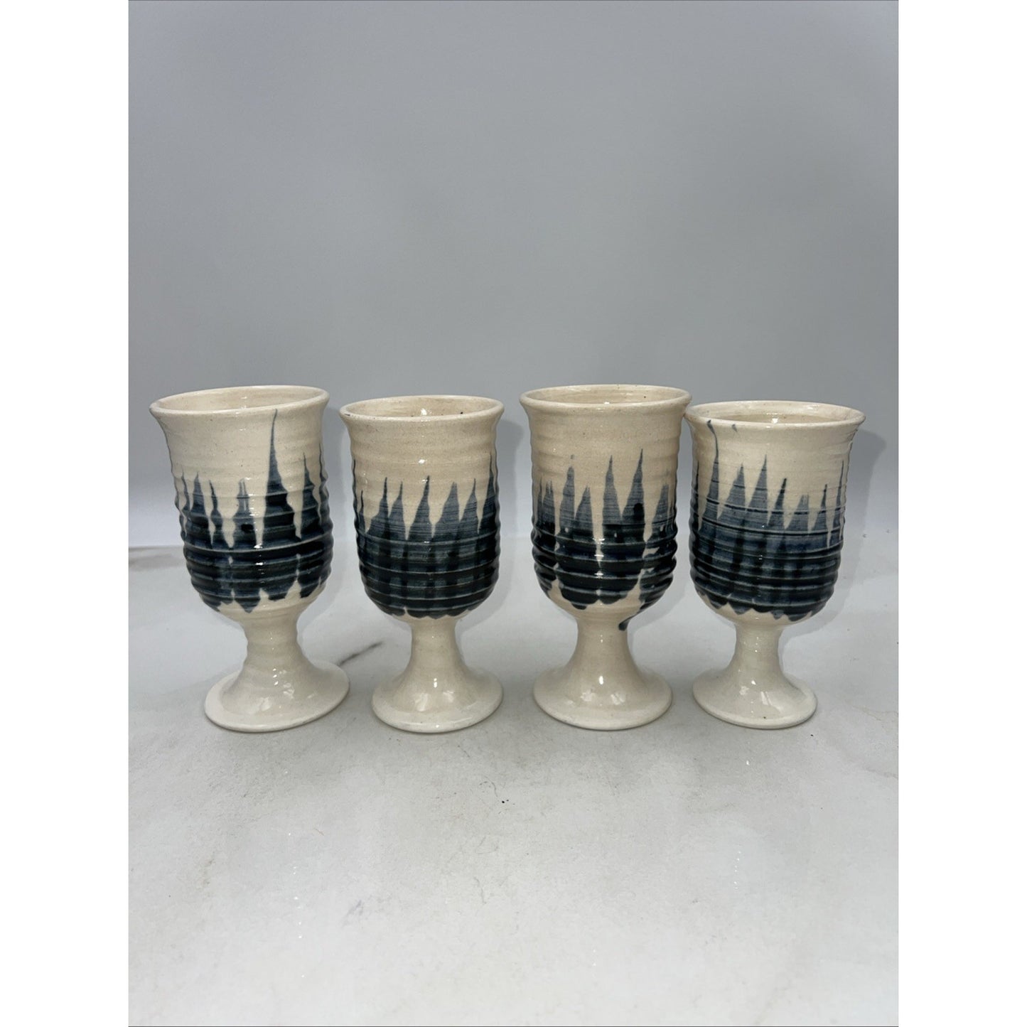 VTG Studio Pottery Goblets Glasses Hand Made Blue White Stoneware Set of 4 Signe