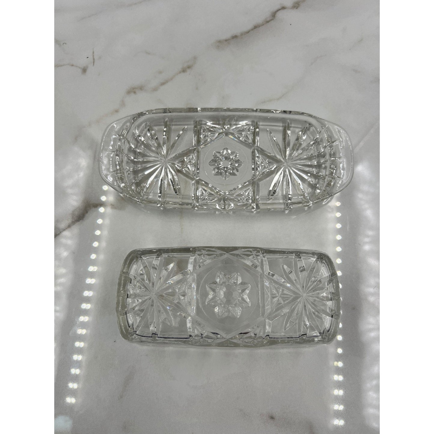 Butter Dish Vintage Clear Pressed Glass with Lid Starburst Diamond Pattern