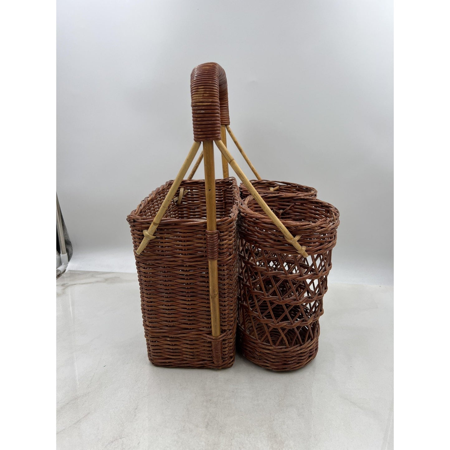 Vintage Wicker Bottle Carrier Picnic Basket Dual Cylinder Rectangular Compartmen
