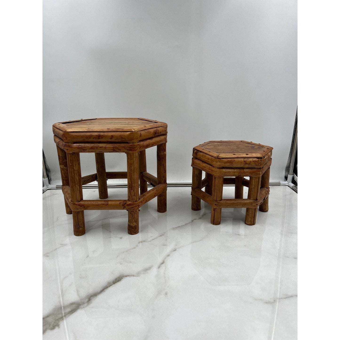 Vintage Tortoise Bamboo Octagon Stool Plant Stand Stackable Set of 2
